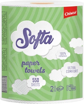 Рушники целюлозні Softa Chisto на гільзі двошарові Білі 550 відривів (4820298170072)