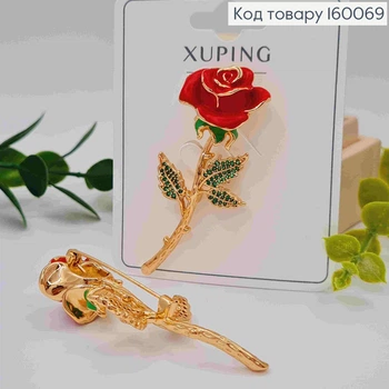 Брошь "Розушка" с Красной эмалью и Блестящими камушками, 5,9см, Xuping 18к