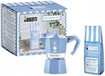 Набір Bialetti Гейзерна кавоварка Moka Express на 3 чашки 130 мл блакитна + Мелена кава Perfetto Moka Mandorla 250 г (8006363095341) (955555913099659) - Уцінка