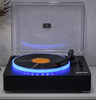 Вініловий програвач Fenton TT Classic Plus LED Black з Bluetooth і USB, програвач для вінілових платівок 33/45/78 об/хв, з вбудованими стереоколонками, LED-підсвіткою, ремінним приводом, автостопом, AUX, RCA та виходом на навушники - Уцінка
