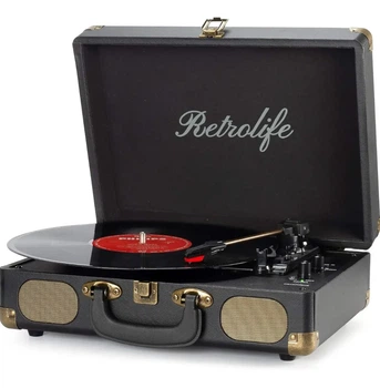 Вінтажний програвач Retrolife у чемодані Вініловий програвач у ретро стилі з Bluetooth динаміками у кейсі, чорний