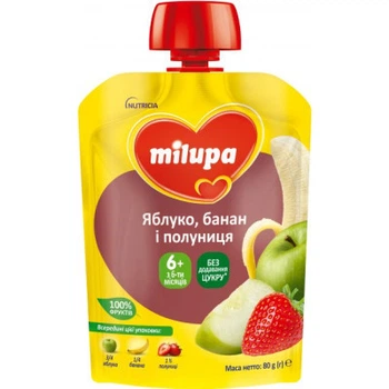 2шт, Дитяче пюре Milupa Яблуко, банан і полуниця з 6 місяців 80 г (6438091403587)