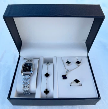Подарочный набор украшений в Кробке GONCHAR&CO. Silver "Клевер" серьги, подвеска, кольцо, браслет, часы, медсплав 77-704