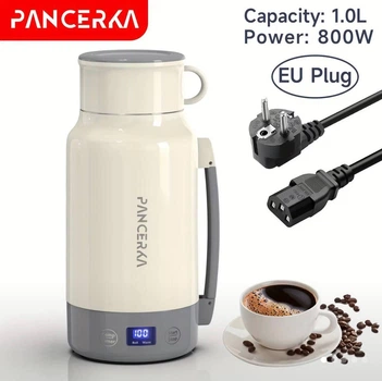 Портативний електричний чайник Pancerka 1 л, 800 Вт, з регулюванням температури, нержавіюча сталь , дорожній термочайник з дисплеєм, бежевий