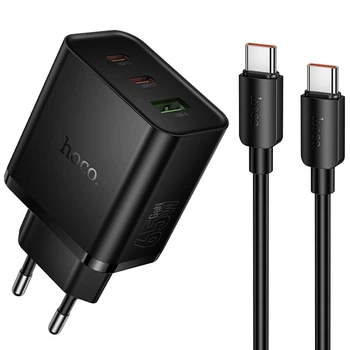 Мережевий зарядний пристрій Hoco N75 Grande USB/2Type-C 65W швидка зарядка для портативних пристроїв + кабель Type-C Чорний