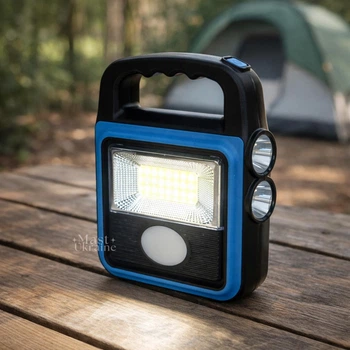 Фонарь аккумуляторный LED COB с солнечной панелью и функцией Power Bank, мощный ручной фонарь-прожектор с USB зарядкой и 4 режимами света, портативная лампа на аккумуляторе для дома, дачи, кемпинга, HS-8020C-Blue