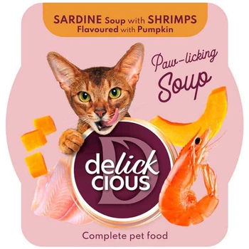 Delickcious Sardine Soup with Shrimps Flavoured with Pumpkin - Полнорационный влажный корм Суп из сардины с креветками и тыквой для взрослых котов 80 г (4820269141568)