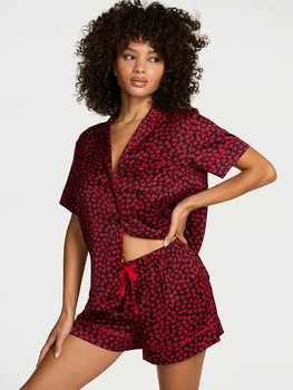 Піжама Сатинова (сорочка + шорти) Victoria's Secret Signature Satin Short Pajama Set L Червоний (27178884)