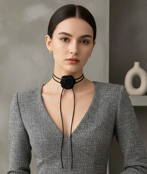 Чокер-шнурок з об'ємною квіткою трояндою Honey Fashion Accessories чорний (12-363)