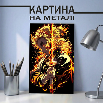 Аниме картина на металле 21х30 (А4) Убийца демонов (Kimetsu no yaiba) — с персонажем Ренгоку Кёдзюро (Rengoku Kyojuro), уникальный