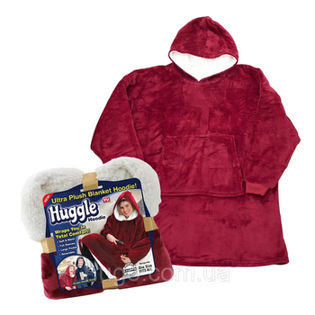 Толстовка-плед с капюшоном и большим карманом 80*100 см HUGGLE HOODIE искусственный мех, бордовый