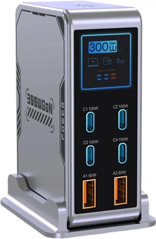 Настольное зарядное устройство BIKKON BK-122D 300W GAN (PPS PD3.0 QC5.0) Power Display 4C+2A Silver (43732)