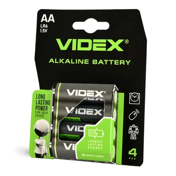 Батарейка AA (LR6), щелочная, Videx, 4 шт, 1.5V, Blister
