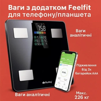Підлогові ваги аналітичні розумні Ruhhy 20675 смарт ваги із застосунком Feelfit на андроїд з bluetooth для спортсменів та дому побутові з РК-дисплеєм чорні