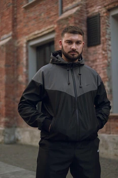 Чоловіча вітровка Windrunner легка куртка з капюшоном водовідштовхувальна та вітрозахисна на манжетах сіро-чорна/XL