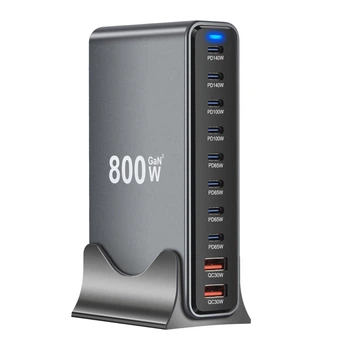 Зарядная станция многопортовая ILEPO 800W на на 2 USB + 8 Type-C / сетевое мультизарядное устройство Black (19022)