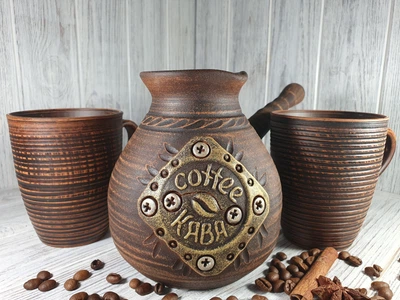 Кофейный набор - турка красная глина "COFFEE КАВА" 600 мл с чашками 300 мл + рассекатель