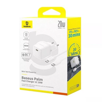 Сетевое зарядное устройство 20W Baseus Palm Type-C Fast Charger быстрая зарядка PD/QC + кабель Baseus Mini White Cable Type-C to Type-C 60W (20V/3A) 1m P10111602213-01 Moon White