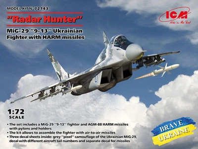 Збірна модель 1/72 літак «Мисливець за РЛС», МіГ-29 “9-13” український винищувач з ракетами HARM ICM 72143