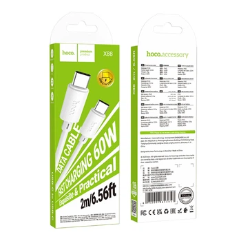Кабель для зарядки и передачи данных USB Hoco X88 Gratified Type-C на Type-C, поддержка быстрой зарядки PD 60W, PVC оплётка, 2m White