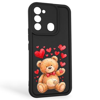 Чехол силиконовый оригинальный Soft Touch с 3D принтом милый мишка для TECNO Spark 8C (KG5k) черный (Полная защита камеры)