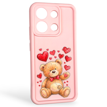 Чехол силиконовый оригинальный Soft Touch с 3D принтом милый мишка для Xiaomi Redmi Note 13 4G розовый (Полная защита камеры)