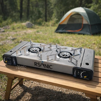 Газова плита портативна на 2 конфорки 2,3 кВт RSonic, похідна туристична настільна плитка з п’єзопідпалом та плавним регулюванням потужності для дому, дачі, кемпінгу та подорожей Срібляста, PGG-4016