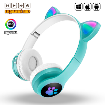 Беспроводные Bluetooth наушники с ушками CATEAR BT5 с RGB подсветкой, влагозащищенные, полноразмерные Green
