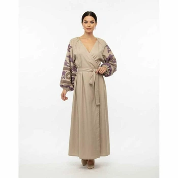 Женское вышитое платье на запах с поясом и длинным рукавом SEAM MKSMV230/565 - 54/56, Бежевий