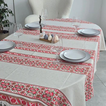 Українська жакардова скатертина Ototextile "Весняна пісня" розмір 160*220см; орнамент червоно-оливковий 229 1/1 С