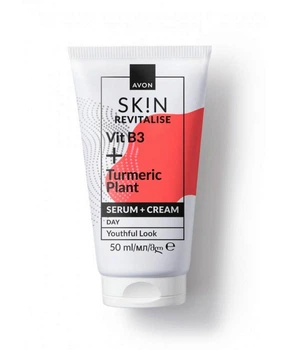 Дневной крем-сыворотка для лица Avon Skin Revitalise Vit B3+Turmeric Plant Serum+Cream Day Youthful Look с витамином В3 и куркумой Восстановление 50 мл