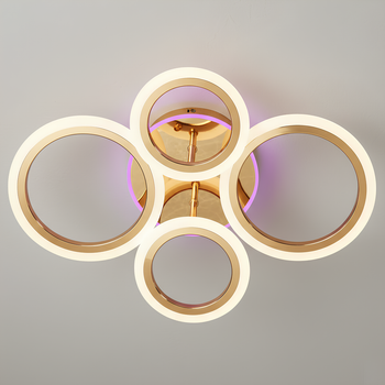 Потолочная LED люстра с пультом и акриловыми кольцами 60W+14W подсветка корпуса 3000–6500K золотистая Svet SY-26255/2+2C FGD