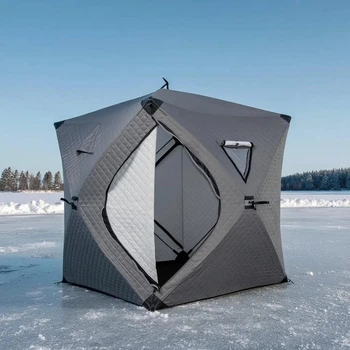 Утепленная зимняя палатка "Куб" серая трёхместная 210х210х210 для рыбалки туризма кемпинга и путешествий