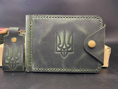 Затиск Для Грошей із Натуральної Шкіри РучноЇ Роботи з Монетницею з Гербом Зелений Колір Шкіряний Гаманець