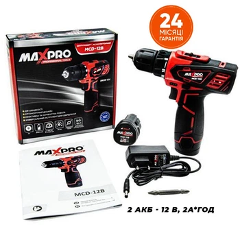 Шуруповерт акумуляторний MAX PRO MCD-12B, 2 АКБ LI-Ion 12В, 2 А*год, 28 Нм
