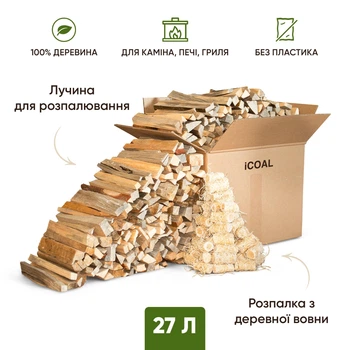 ICOAL Дрова для розпалювання Лучина 27 л (7 кг) + Розпалювач вогню з дерев’яної вовни 20шт в коробці