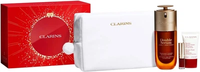 Zestaw kosmetyków do pielęgnacji twarzy Clarins Serum Double 75 ml + Balsam Beauty Flash 15 ml + Olejek do ust Lip Comfort 03 1.4 ml + Kosmetyczka (3666057389627)