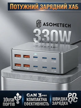 Настольное зарядное устройcтво ASOMETECH AS330W 330Wmax GAN (PPS105w PD105w QC5) порты 6C+4A Grey (43775)