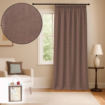 Штора Bella 150×250 см жаккардовая коричневая на тесьме с геометрическим рельефным узором для спальни и гостиной