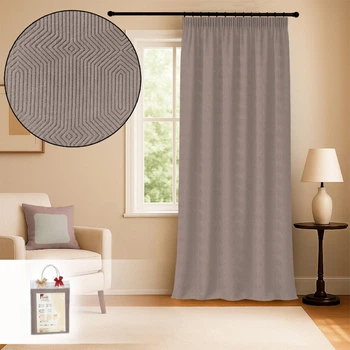 Штора Bella 150×250 см жаккардовая бежево-серая (кофе с молоком) на тесьме с геометрическим рельефным узором для спальни и гостиной