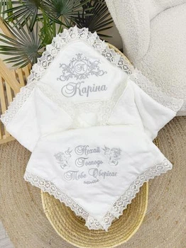 Утеплённая крыжма для девочки Family Tradition велюровая махра плюш с вышивкой и кружевом 100х100 см белая Кариночка