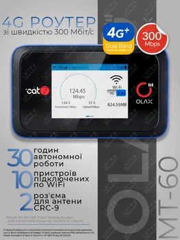 4G LTE Wi-Fi роутер маршрутизатор OLAX MT60 Cat.7 (300 Мбит/с) с мощным аккумулятором 4000 мАч. Беспроводной модем под SIM карту. Выходы под внешнюю антенну MIMO 2xCRC9. Работает с Киевстар, Vodafone, lifecell