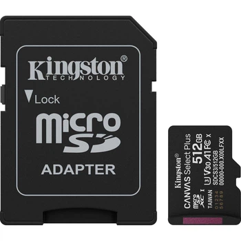 Карта памяти Kingston microSDXC Canvas Select Plus 512GB Class 10 UHS-I U3 А1 V30 + SD адаптер (SDCS3/512GB) [153100]