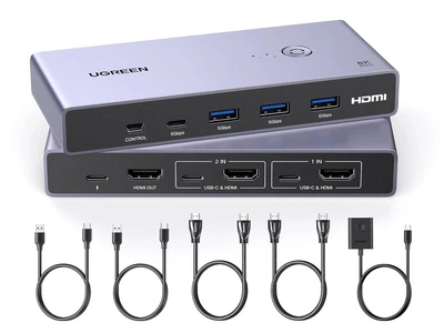 KVM-переключатель Ugreen с 4 портами USB 3.0 3 USB-A + 1 USB-C HDMI 8K Grey (CM692)