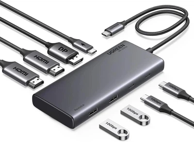 USB-Хаб UGREEN Type-C 4K Triple Display USB C Hub with 2 HDMI, DP, 2 USB A & C 3.2 Ports, 100W PD Grey (CM639)