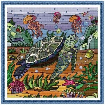 Набор для вышивания по нанесённой на канву схеме "Sea Turtle". AIDA 14CT printed 55*55 см