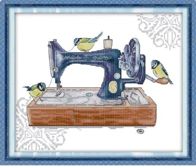 Набор для вышивания по нанесённой на канву схеме "Bird and sewing machine". AIDA 14CT printed 35*30 см