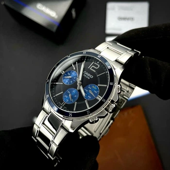 Мужские часы Casio MTP-1374D-2A серебристые с черным циферблатом