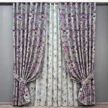 Комплект штор VR-Textil Лен Прованс 200х265 2шт и Тюль 500х265 1820ш-1367т Серый с фиолетовым и белым 71-108/6