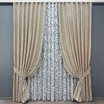 Комплект штор VR-Textil Жакард Вензель 100х270 2шт і Тюль 300х270 416ш-1147т Бежевий з білим 71-100/1